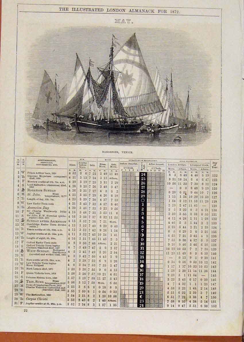 Original Old Antique Print 1872 Bagozzoes Venice Ship May Events Diary Victorian