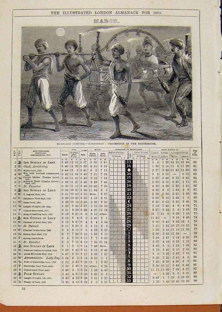Original Old Antique Print London Almanack 1874 March Hindostan Marriage 19th