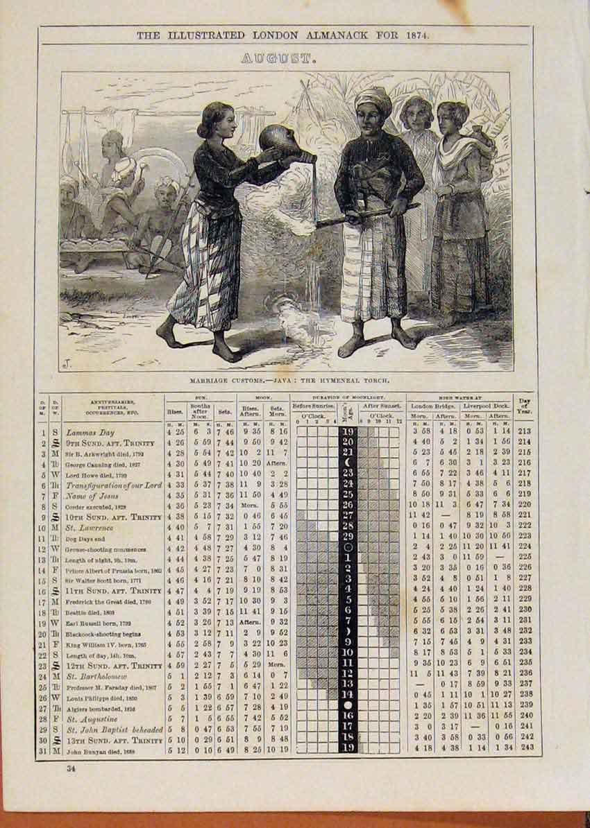Original Old Antique Print London Almanack Marriage Java Customs 1874 August