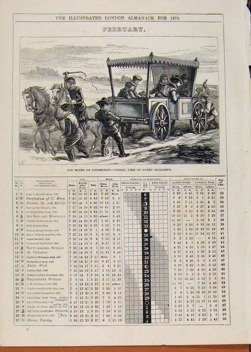 Original Old Antique Print London Almanack February 1876 Coach Time Queen Eliz