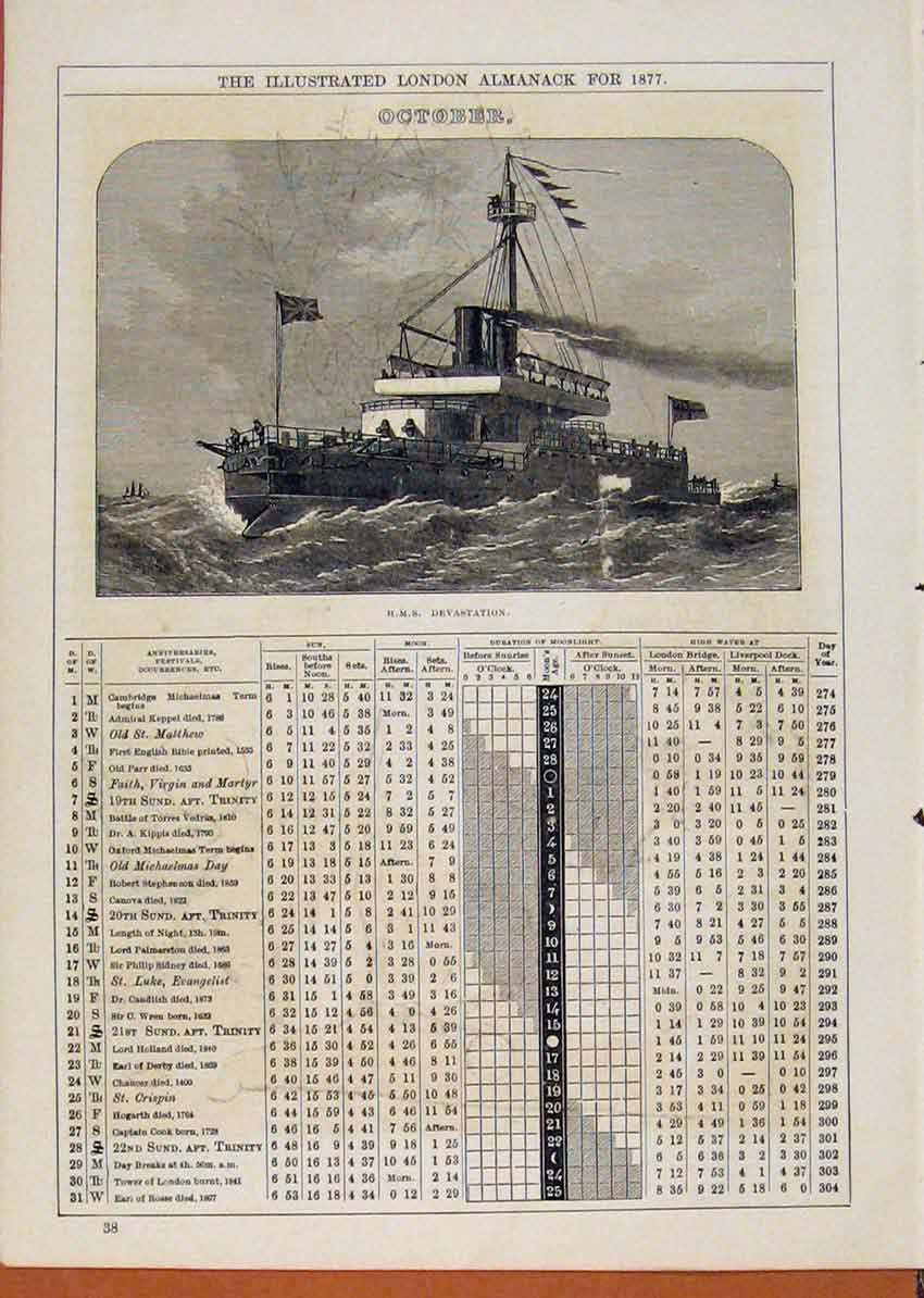 Original Old Antique Print London Almanack October Hms Devastation Ship Boat