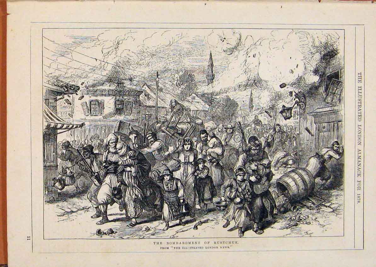 Original Old Antique Print London Almanack 1878 Bombardment Rustchuk Victorian