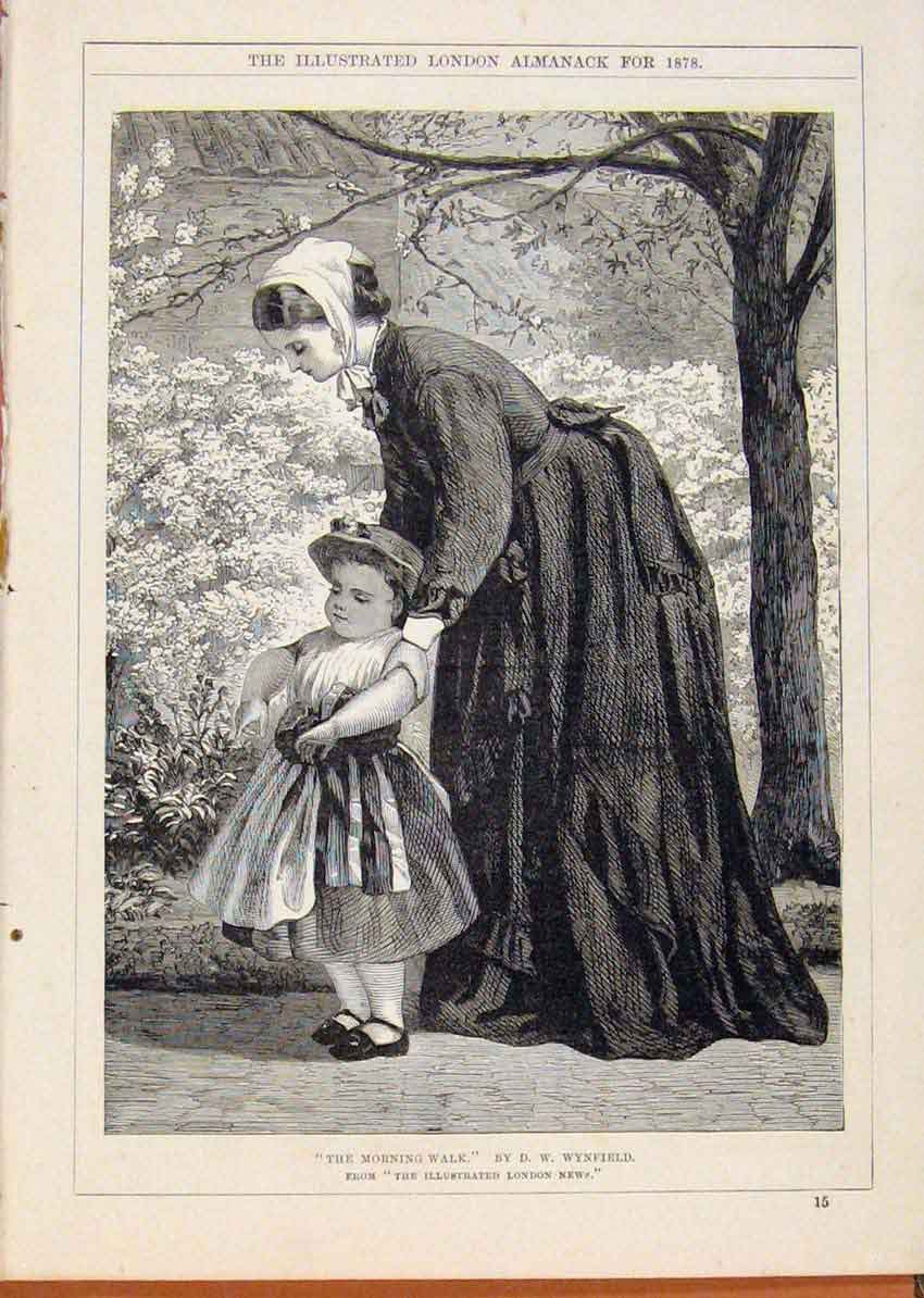 Original Old Antique Print London Almanack 1878 Morning Walk Mother & Child 19th