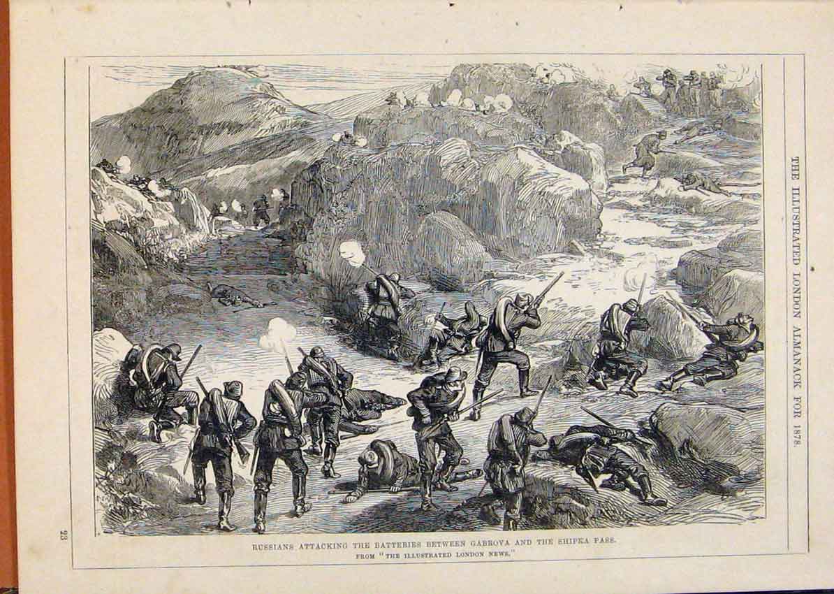 Original Old Antique Print London Almanack 1878 Russians Attacking Shipka Pass