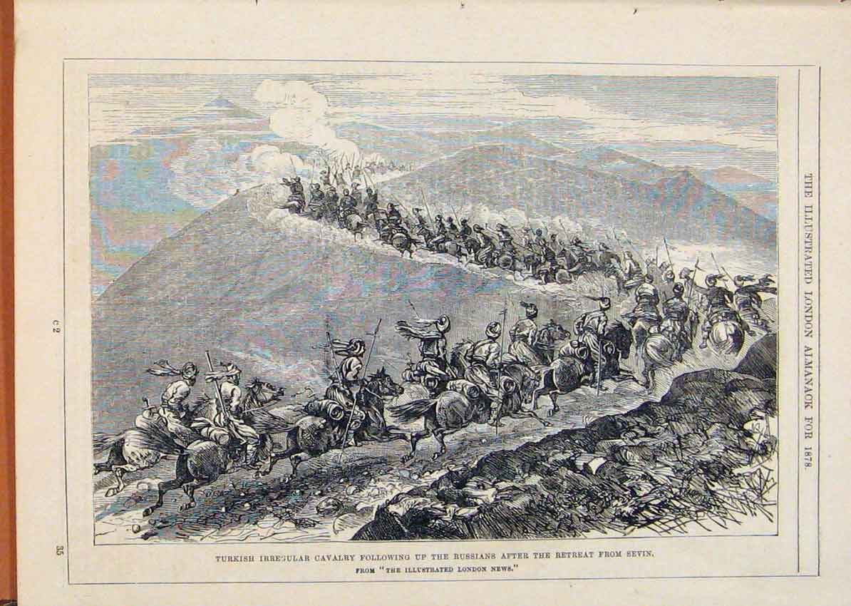 Old Antique Print London Almanack 1878 Turkish Cavalry Following Russians 19th