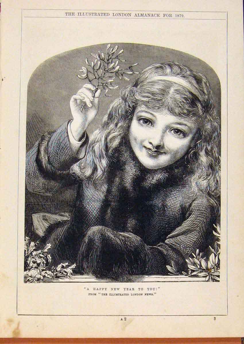 Original Old Antique Print London Almanack 1879 Happy New Year To You Portrait