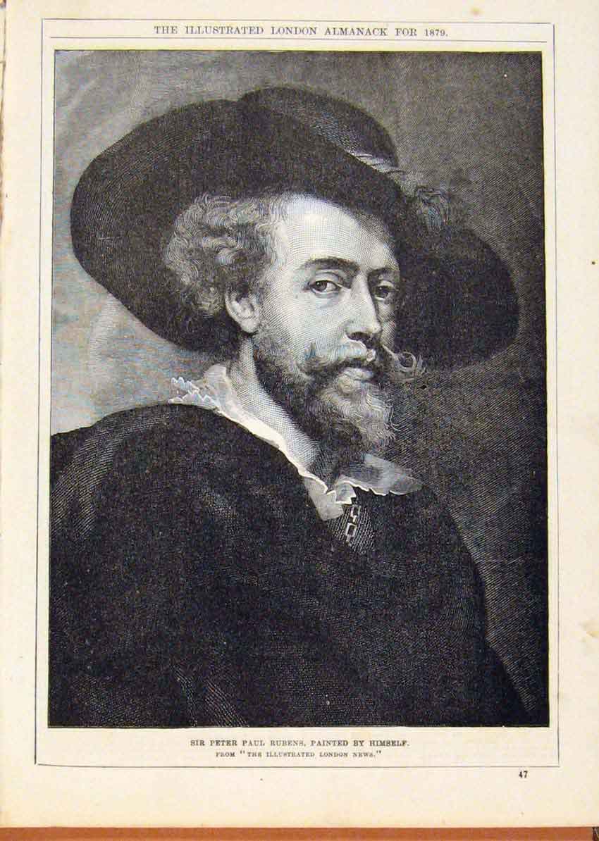Original Old Antique Print London Almanack 1879 Peter Paul Rubens Self Portrait