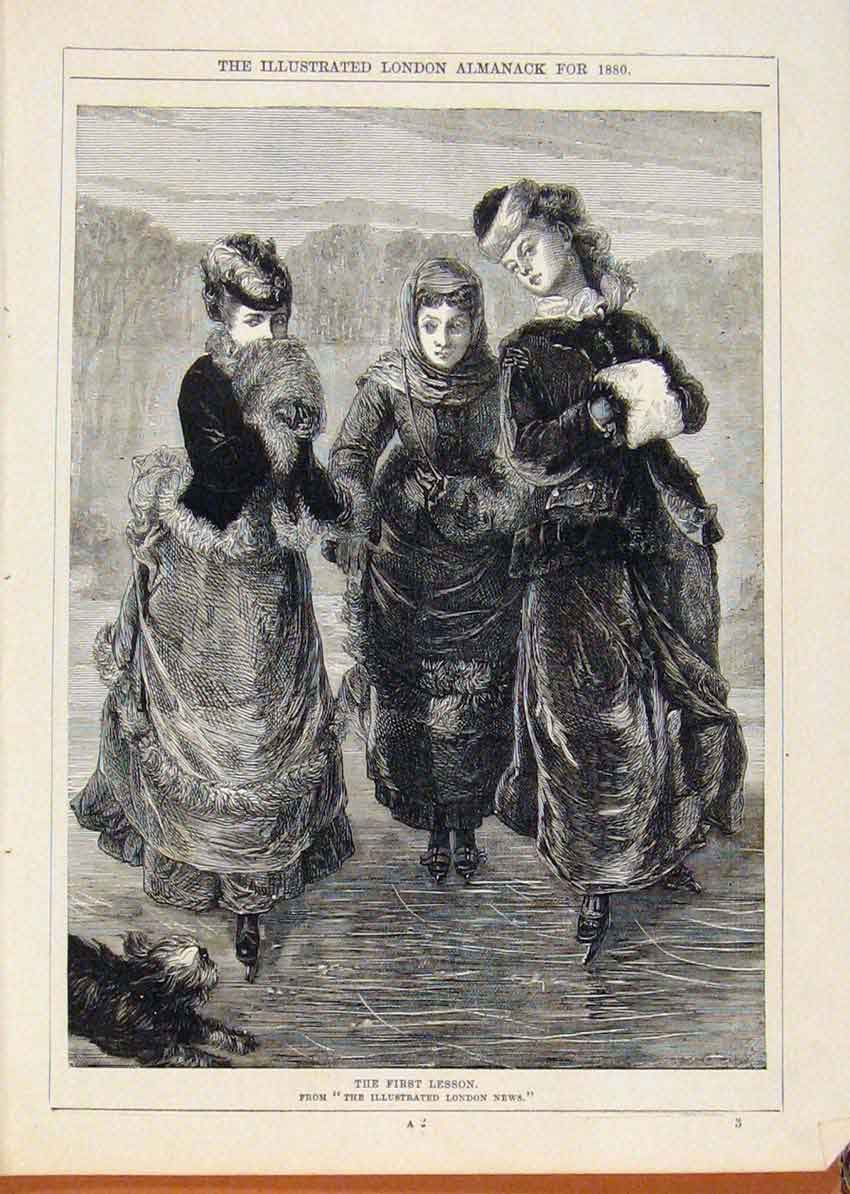 Original Old Antique Print London Almanack 1880 The First Lesson Three Ladies