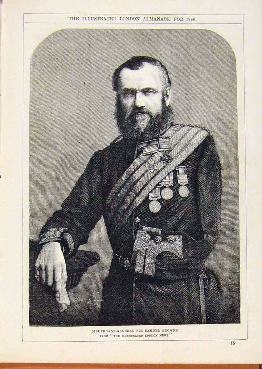 Original Old Antique Print London Almanack 1880 Lieutenant General Samule Browne