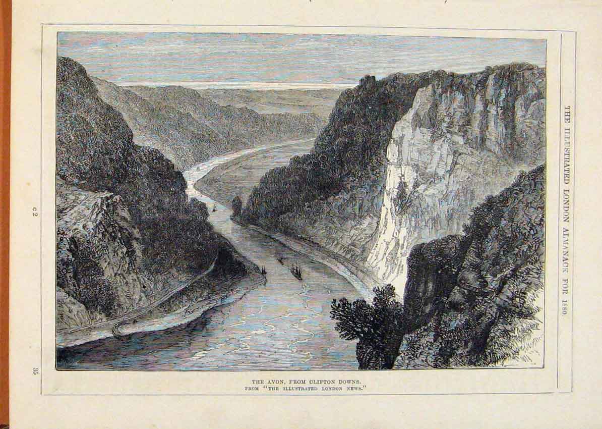 Original Old Antique Print London Almanack 1880 Avon Clifton Downs Victorian