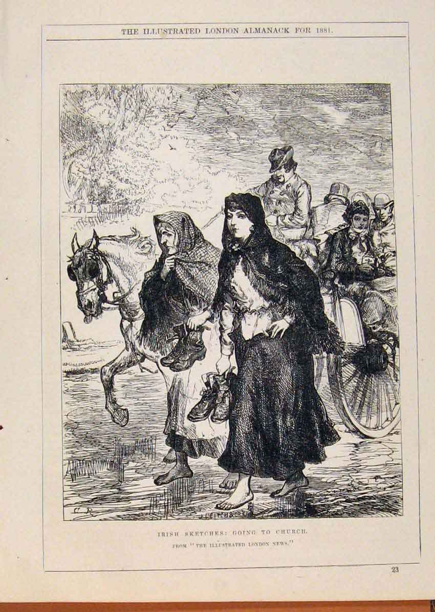 Original Old Antique Print London Almanack 1881 Irish Sketches Going To Church