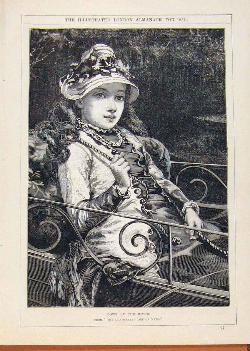 Original Old Antique Print London Almanack 1881 Down By The River Lady On Boat