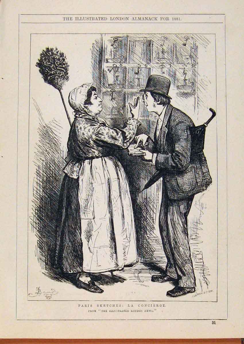 Original Old Antique Print London Almanack 1881 Paris Sketches La Concierge 19th