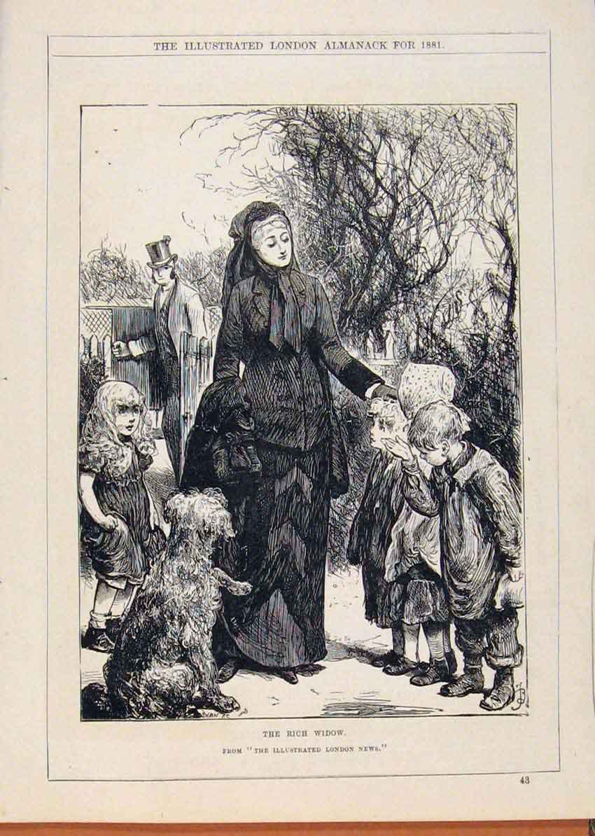 Original Old Antique Print London Almanack 1881 Rich Widow Sketch 19th