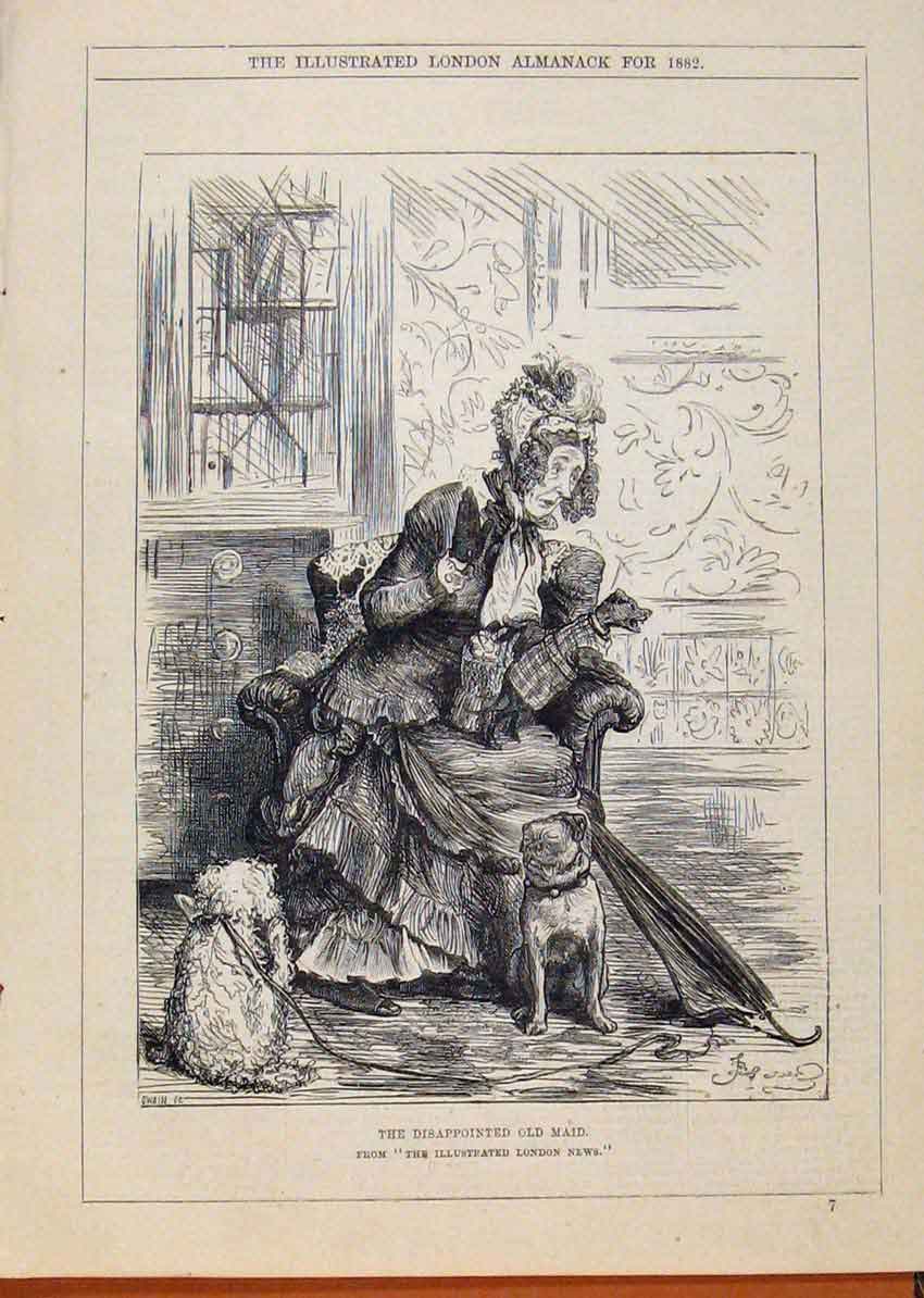 Original Old Antique Print London Almanack 1882 Disappointed Maid 19th