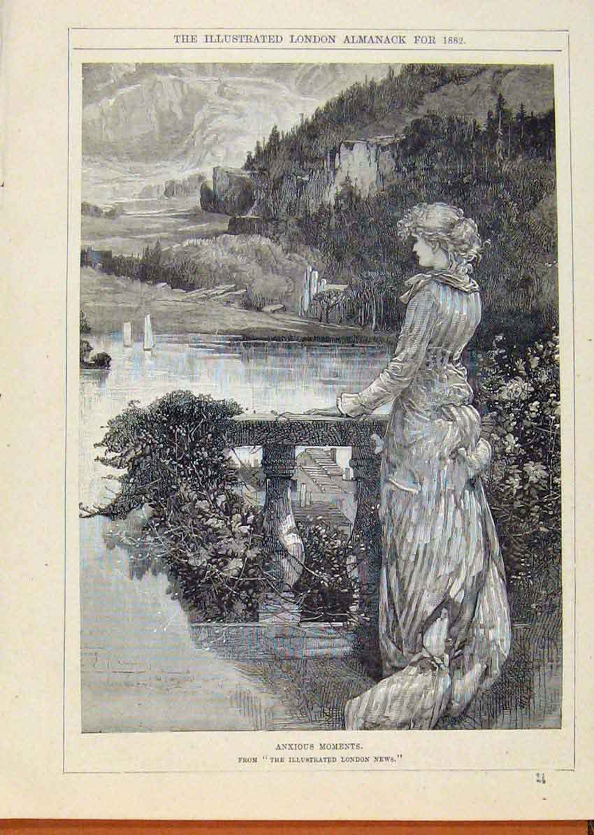 Original Old Antique Print London Almanack 1882 Anxious Moments Ship Docking