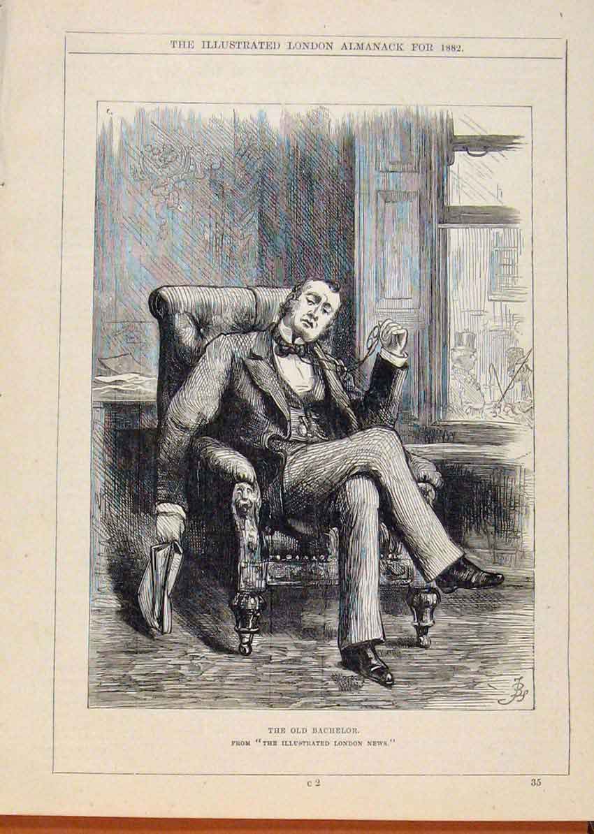 Original Old Antique Print London Almanack Bachelor Portrait