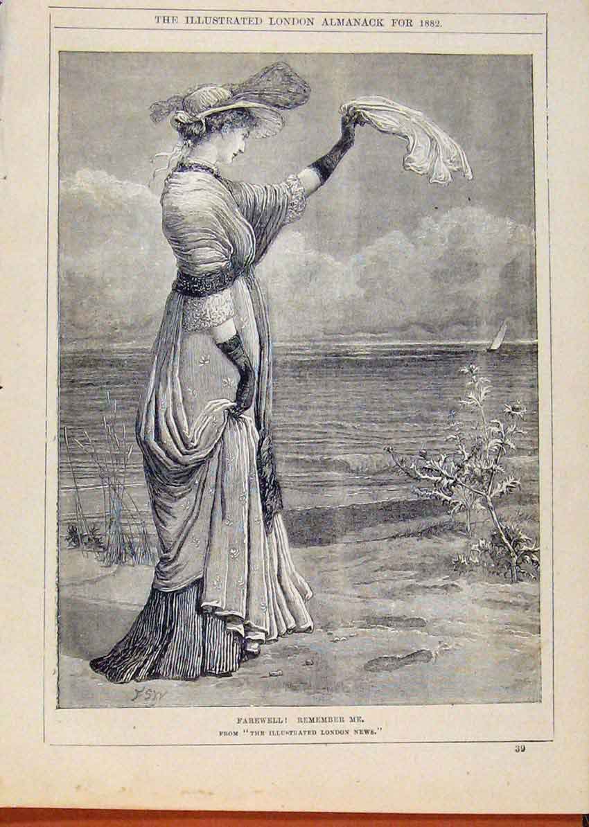 Original Old Antique Print London Almanack Farewell Lady Seeing Ship Sail 1882