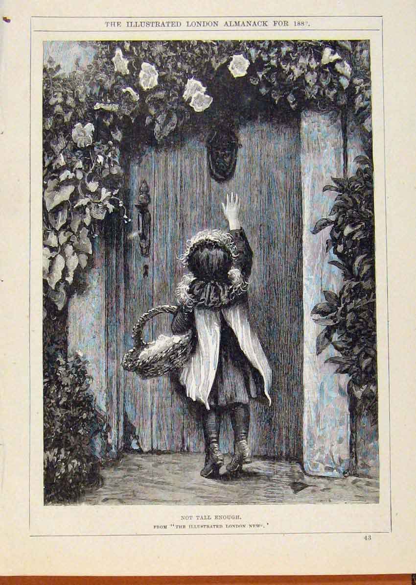 Old Antique Print London Almanack Not Tall Enough Girl Opening Door 1882 19th