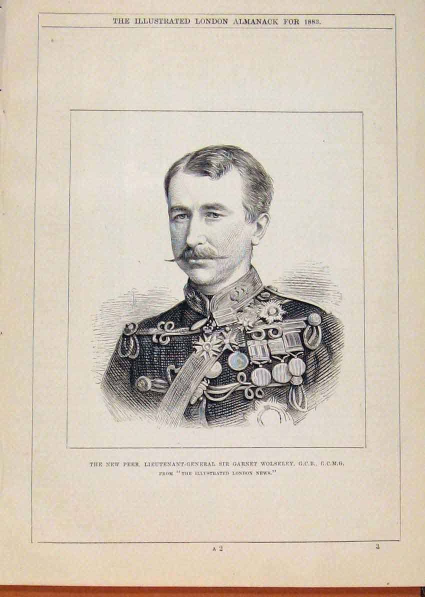 Old Antique Print London Almanack Lieutenant General Garnet Wolseley 1883 19th