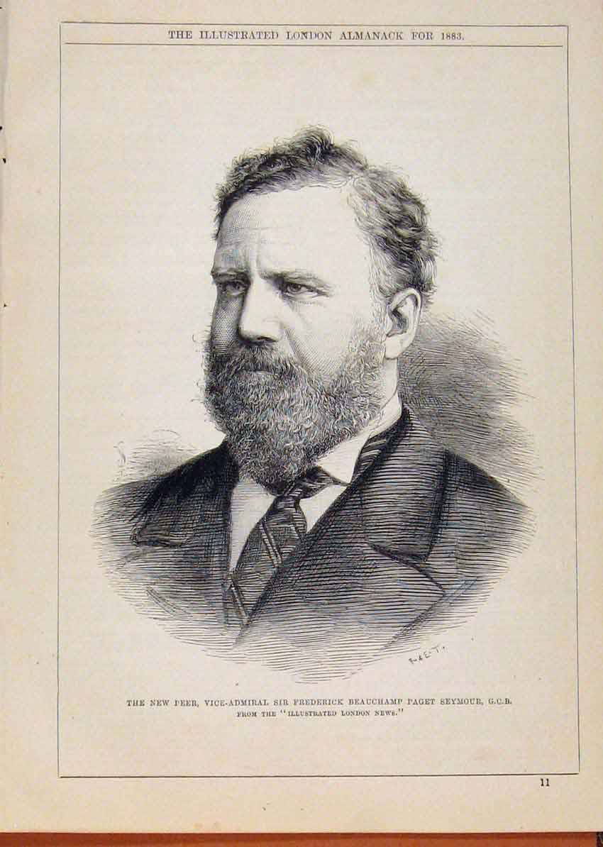 Original Old Antique Print London Almanack Vice Admiral Frederick Beauchamp 1883