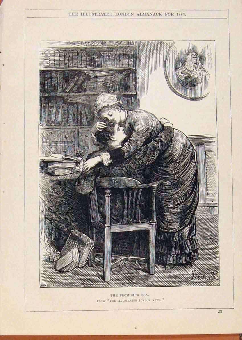 Original Old Antique Print London Almanack Promising Son Mother 1883 Victorian