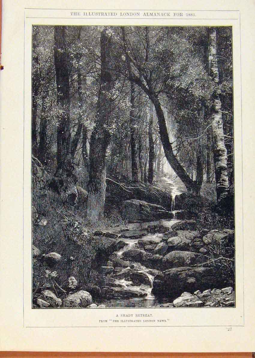 Original Old Antique Print London Almanack Shady Retreat Forrest Stream 1883