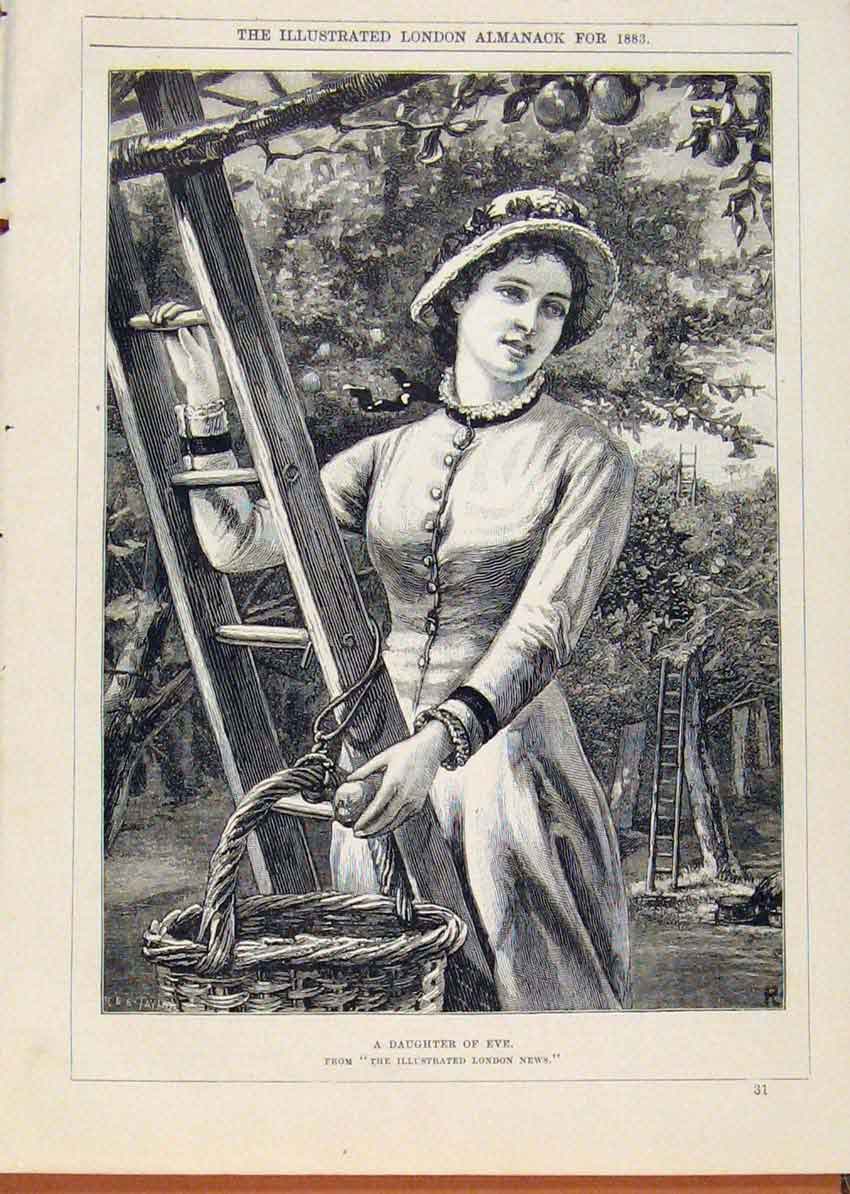 Original Old Antique Print London Almanack Daughter Eve 1883 Portrait Victorian
