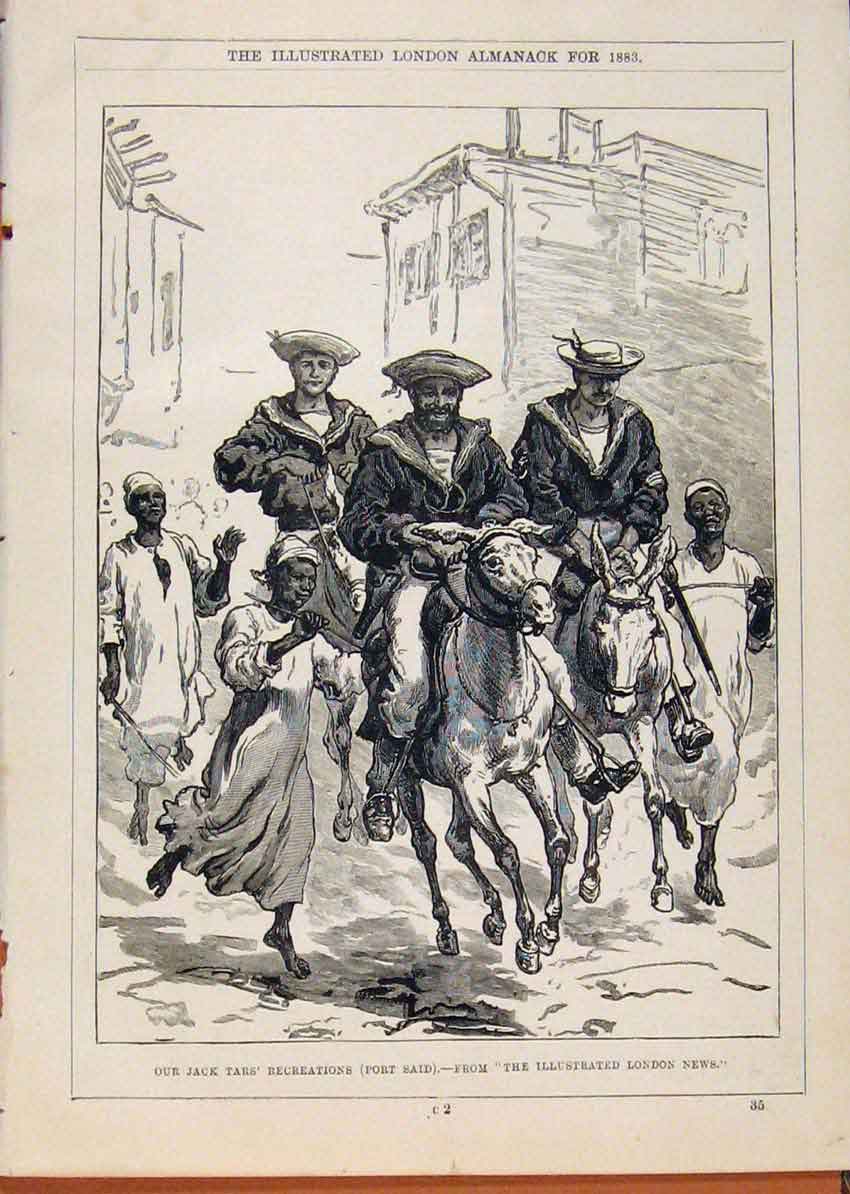 Original Old Antique Print London Almanack Jack Tars Recreations Port Said 1883