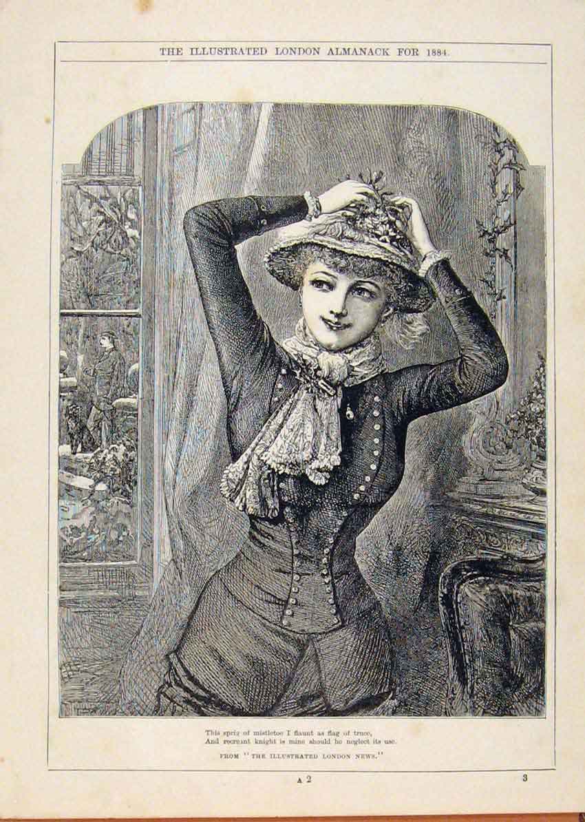 Original Old Antique Print London Almanack Young Lady Dressing For Pride 1884