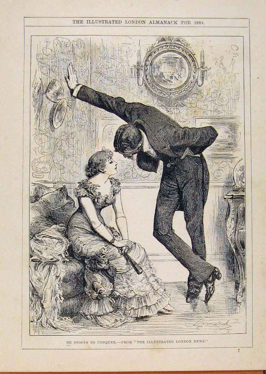 Original Old Antique Print London Almanack Stoops To Conquer Romance 1884 19th