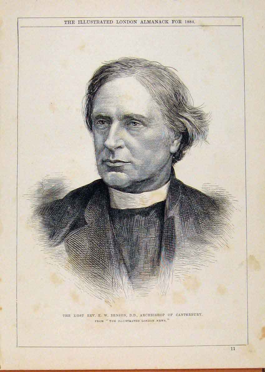 Original Old Antique Print London Almanack Rev Benson Archbishop Canterbury 1884