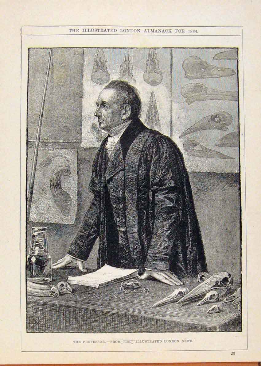 Original Old Antique Print London Almanack The Professor 1884 Portrait Victorian