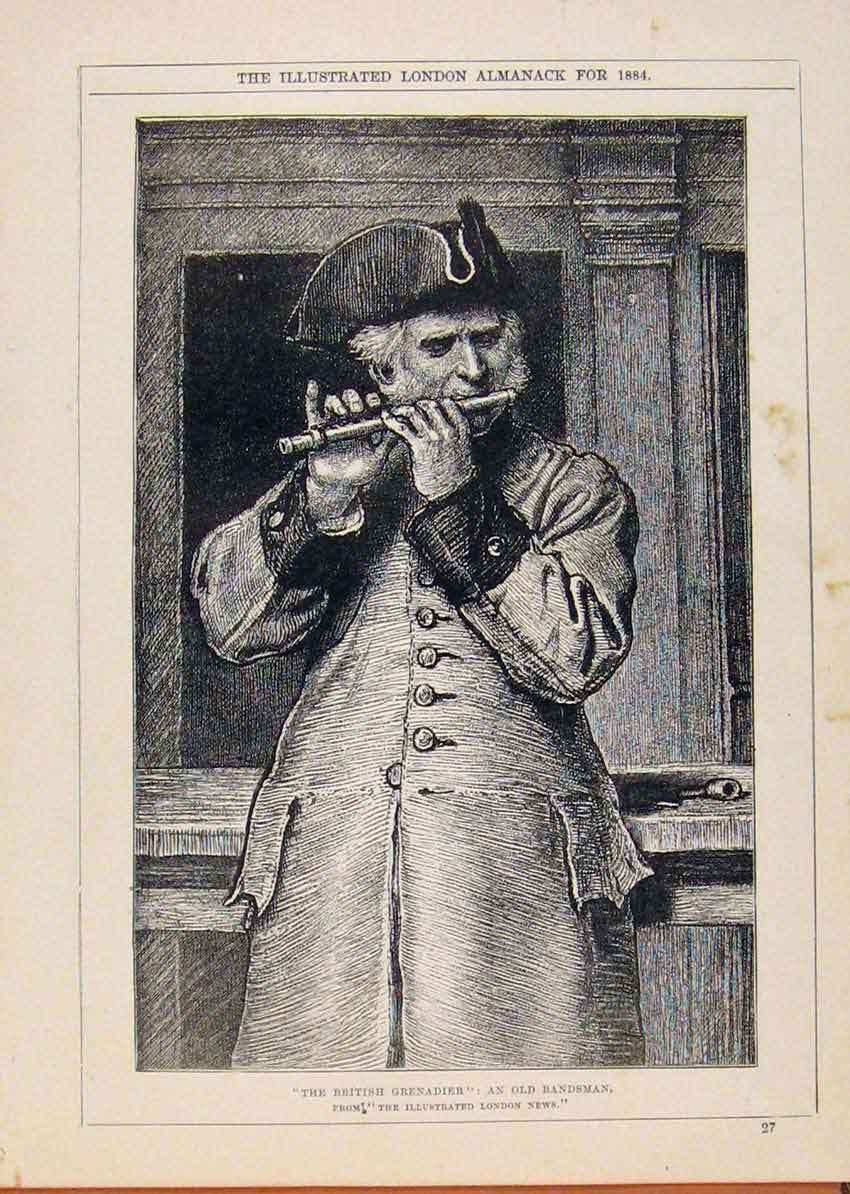 Original Old Antique Print London Almanack British Grenadier Bandsman 1884 19th