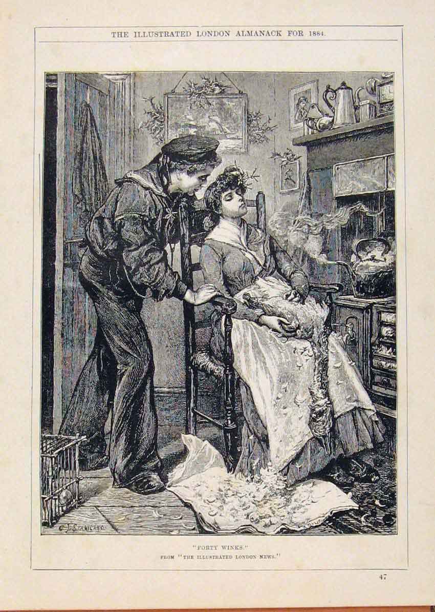 Original Old Antique Print London Almanack Forty Winks Lady Sleeping 1884 19th