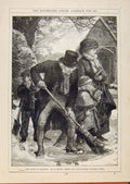 Original Old Antique Print London Almanack Path To Church Sweeping Snow 1885