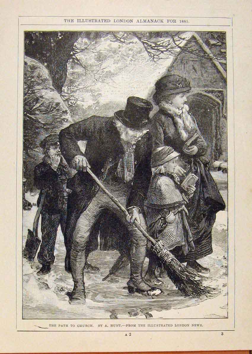 Original Old Antique Print London Almanack Path To Church Sweeping Snow 1885
