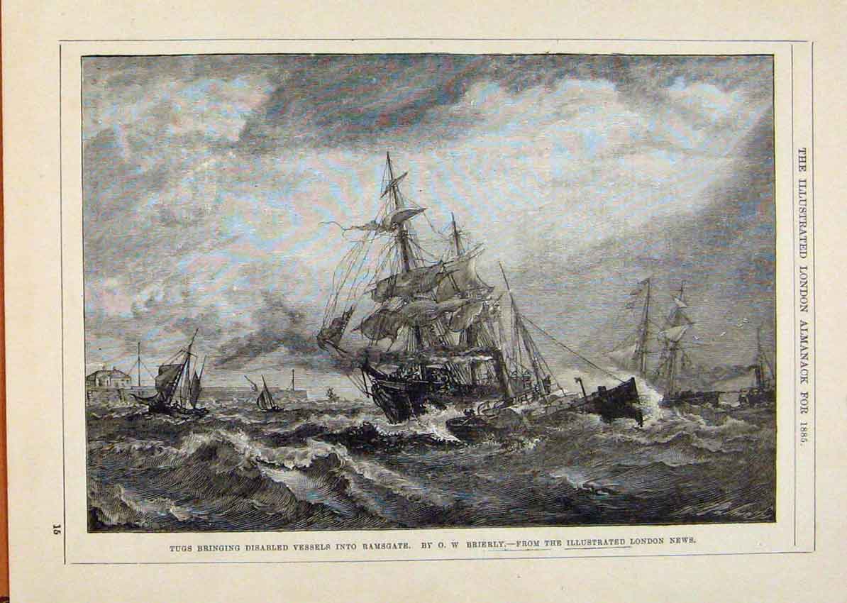 Original Old Antique Print London Almanack Disabled Vessels Ramsgate Ships 1885