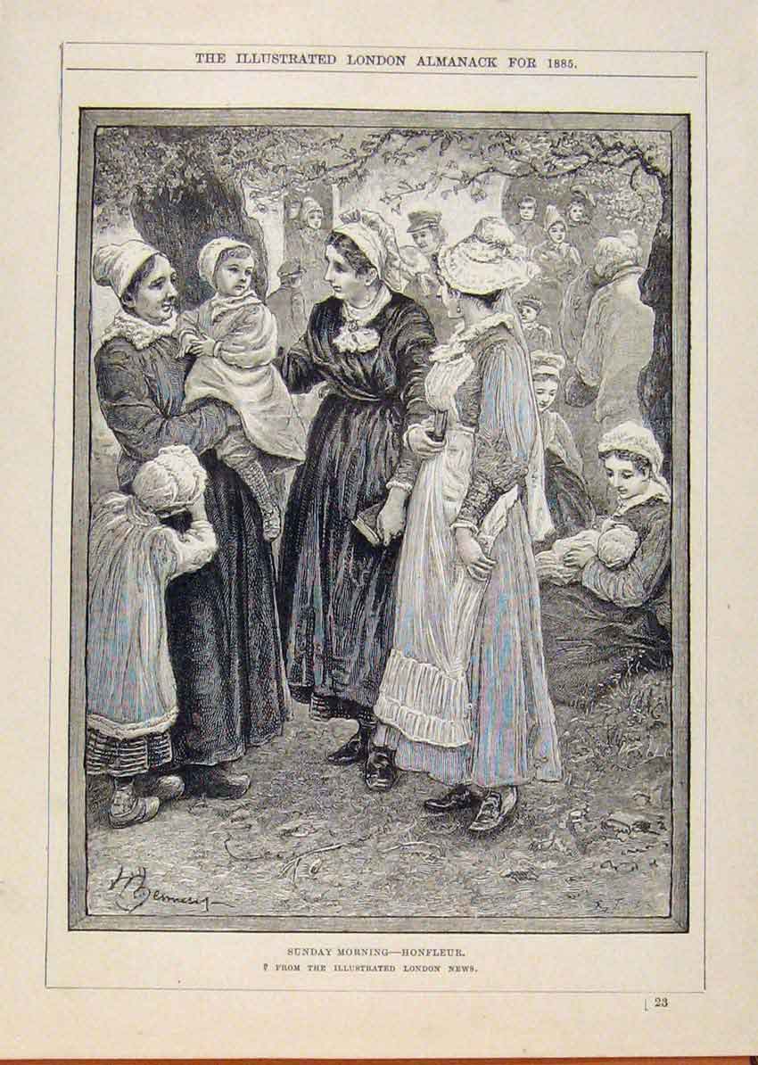 Original Old Antique Print London Almanack Sunday Morning Honfleur 1885 19th