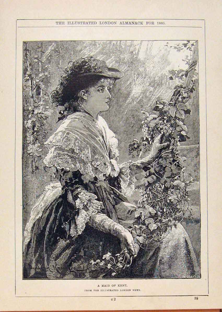 Original Old Antique Print London Almanack Maid Kent Portrait 1885 Victorian