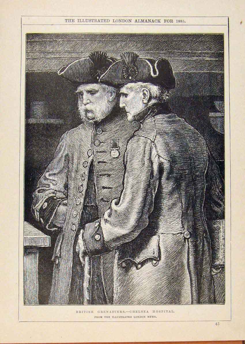 Old Antique Print London Almanack British Grenadier Chelsea Hospital 1885 19th