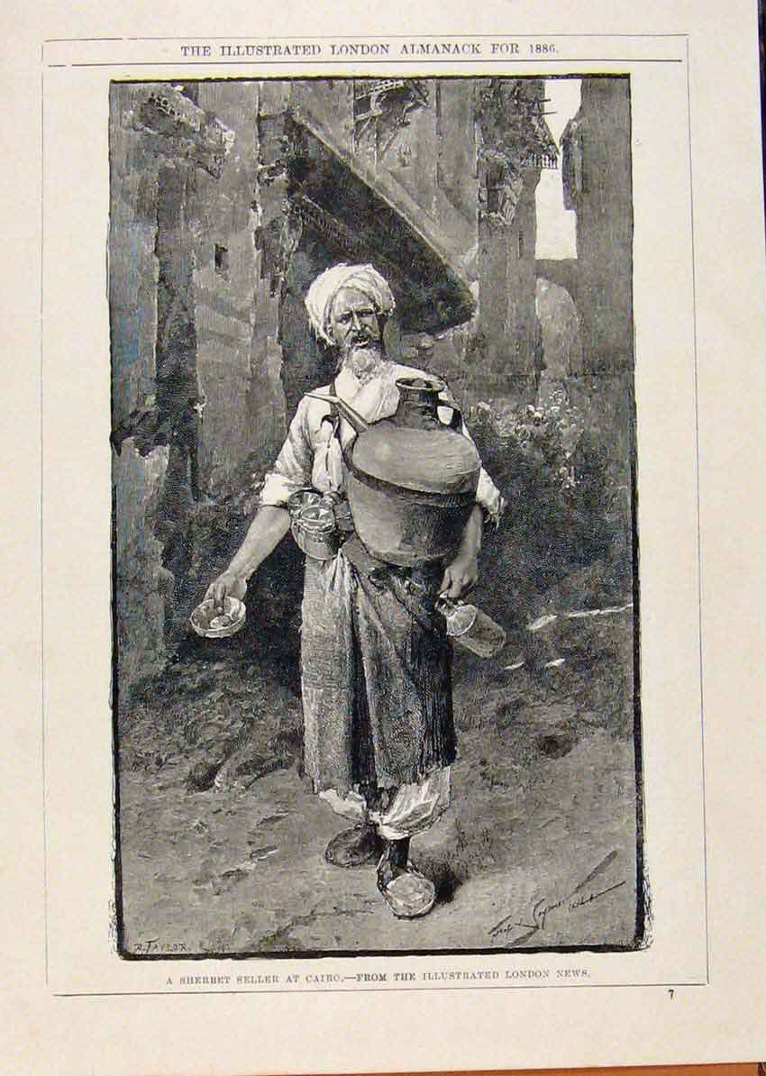 Original Old Antique Print London Almanack Sherbet Seller At Cairo Egypt 1886