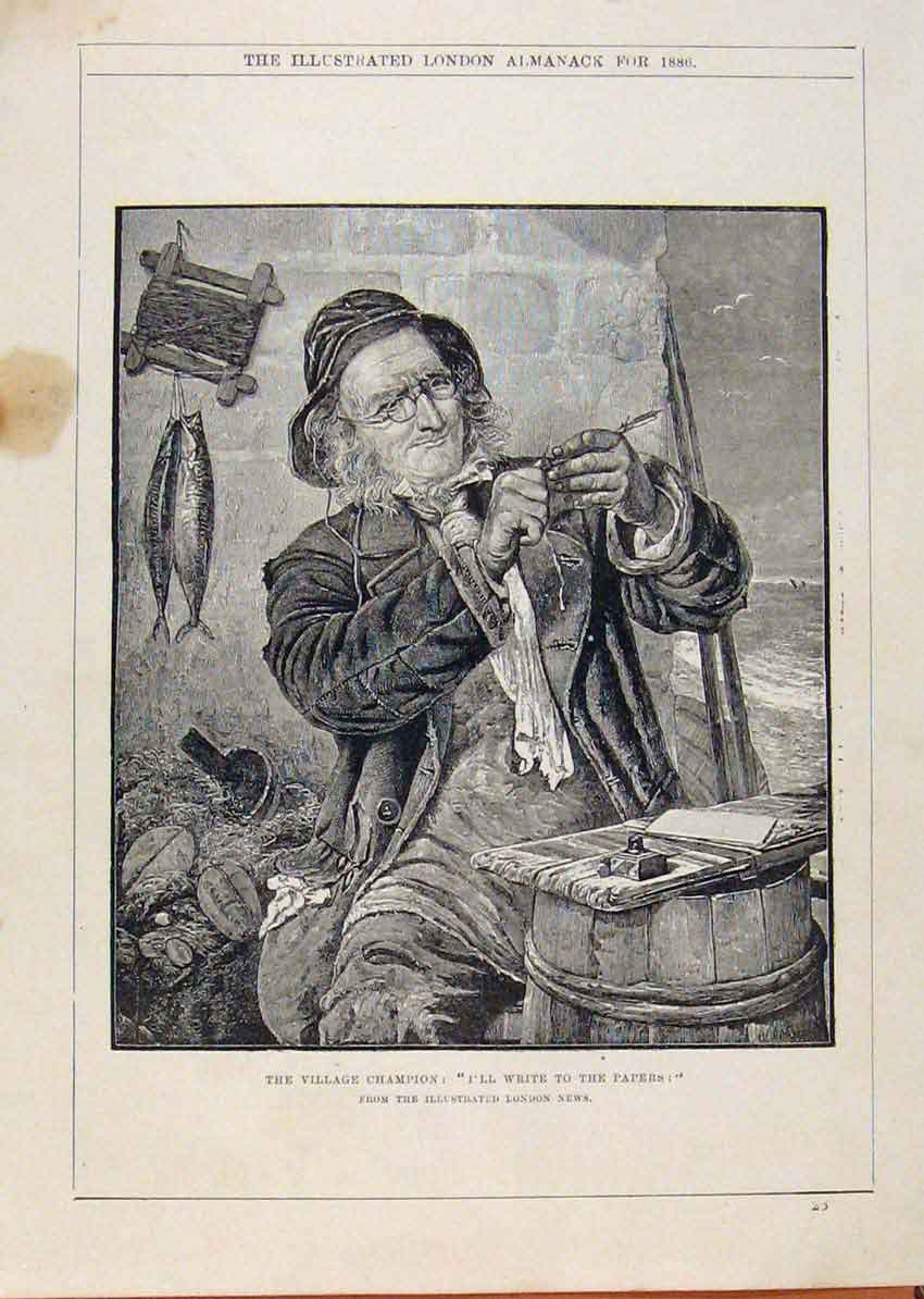 Original Old Antique Print London Almanack Village Champion Writer 1886 Portrait