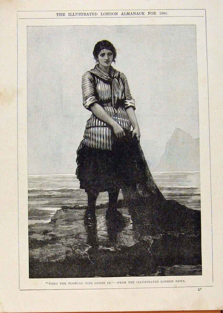 Original Old Antique Print London Almanack Fisher Lady Waiting On Tide 1886 Prit