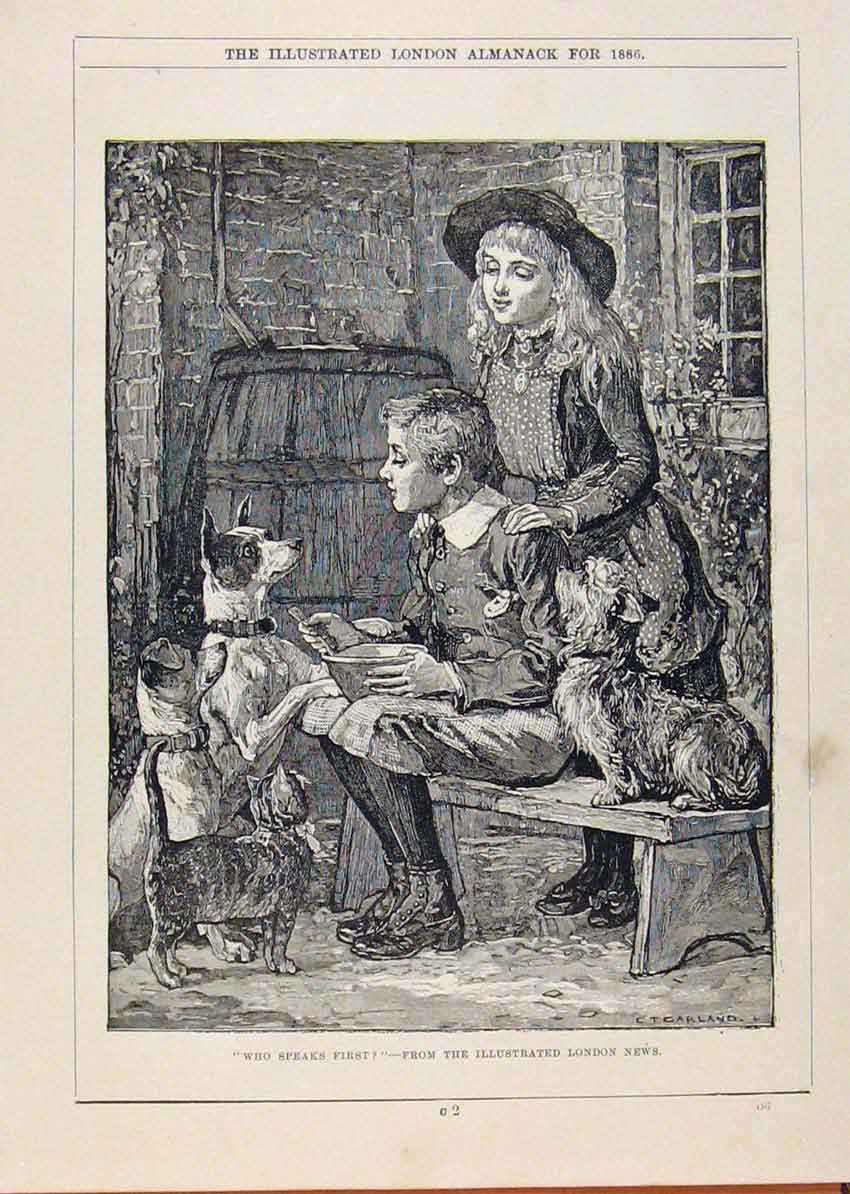 Original Old Antique Print London Almanack Children And Pet Dogs 1886 Victorian