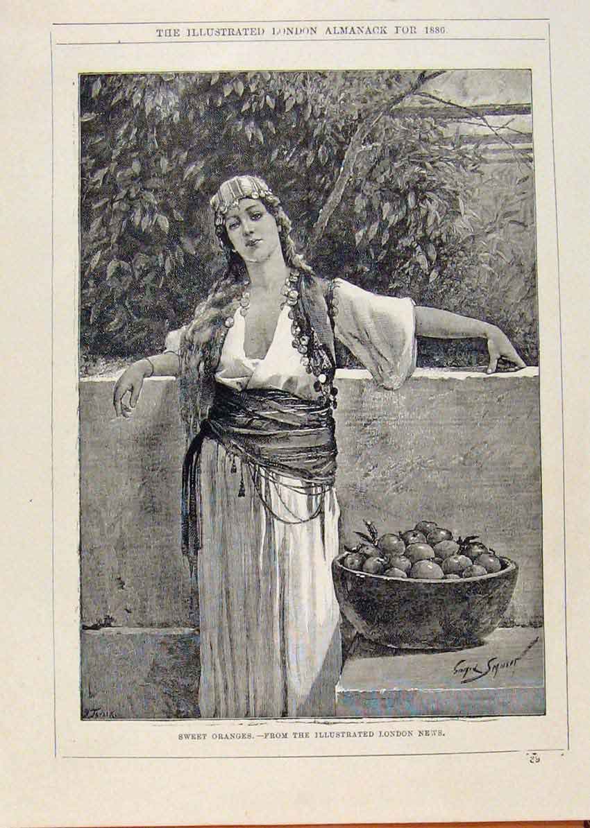 Original Old Antique Print London Almanack Sweet Oranges 1886 19th