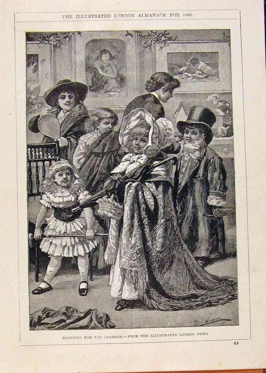Original Old Antique Print London Almanack Dressing For Charade 1886 Victorian