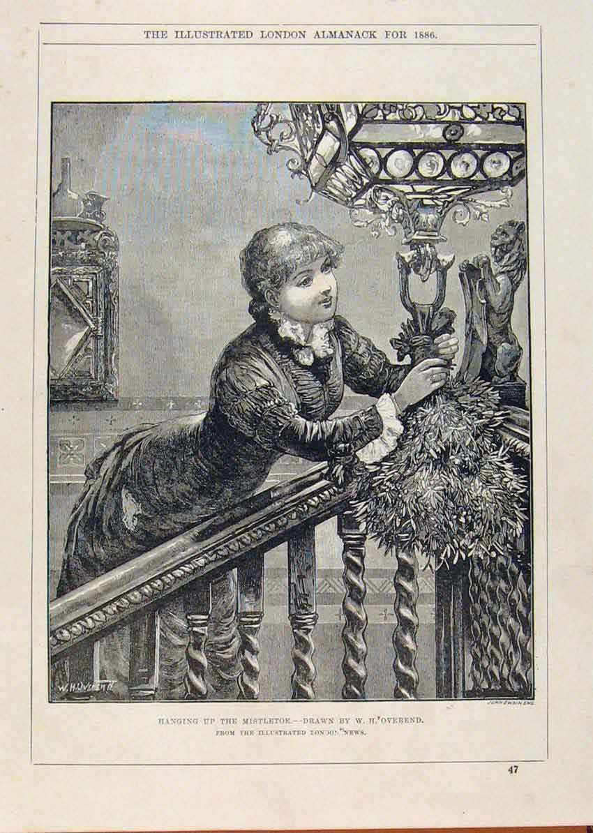 Original Old Antique Print London Almanack Mistletoe Hanging 1886 19th