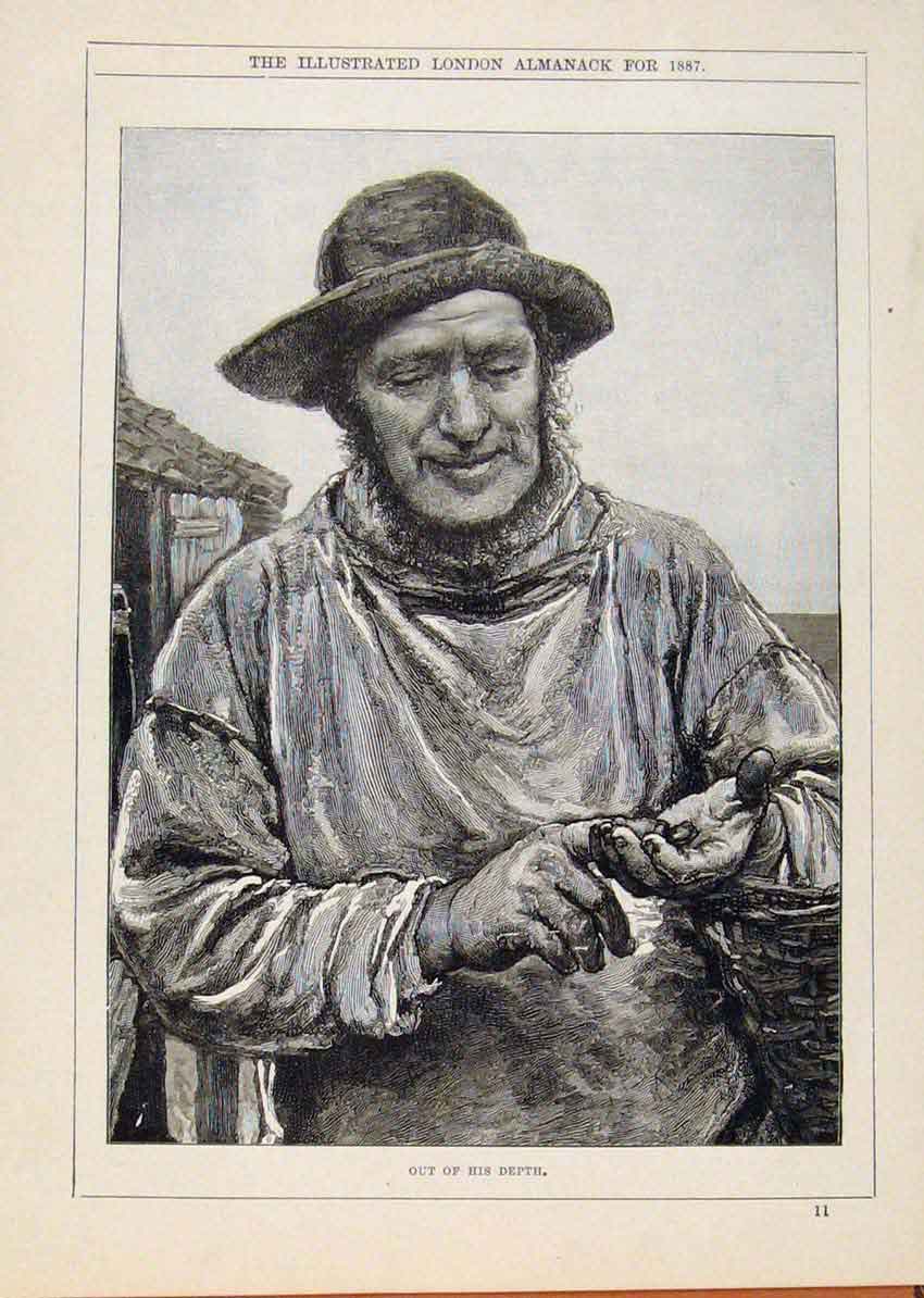 Original Old Antique Print London Almanack Out His Depth Man Portrait 1887 19th