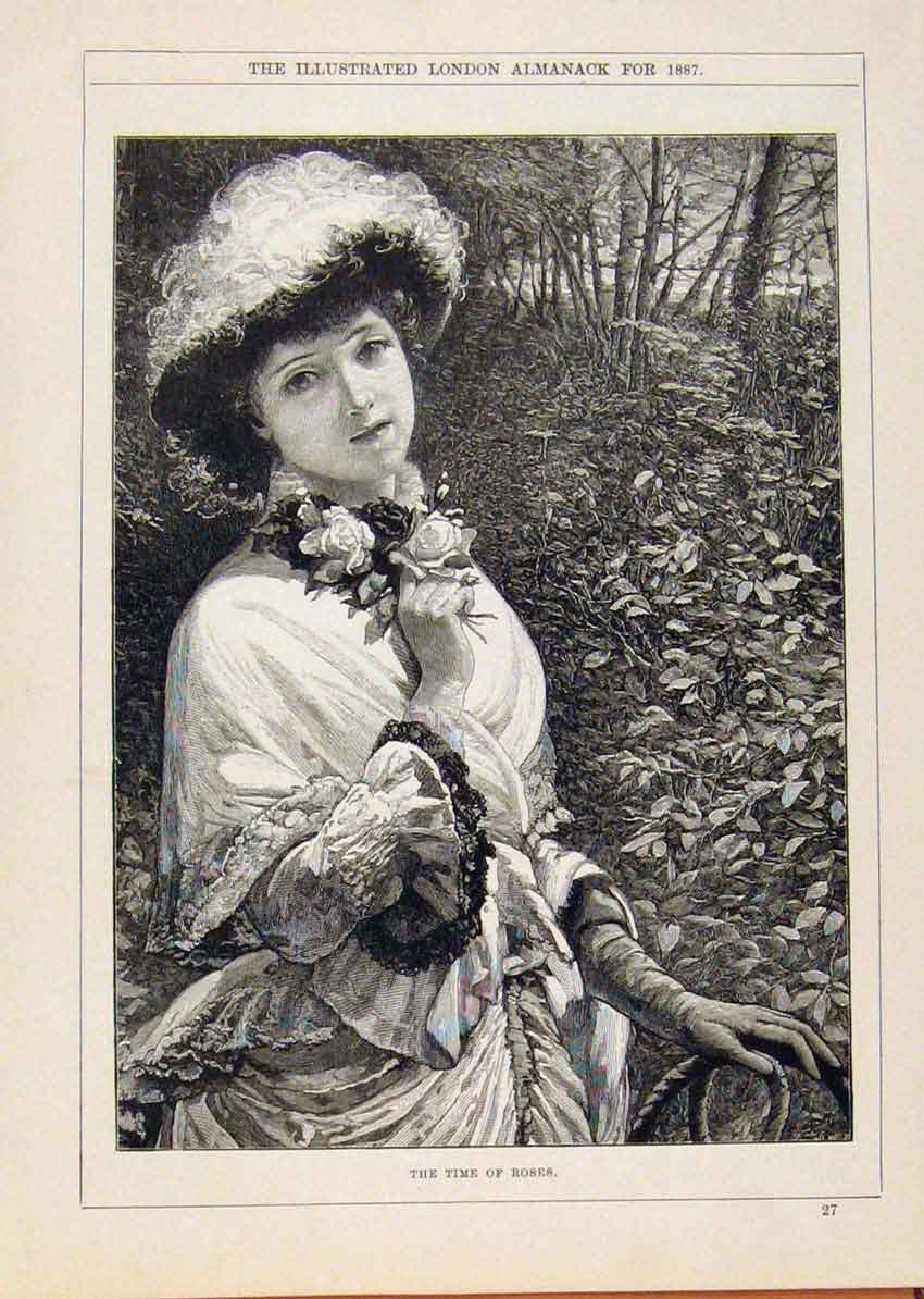 Original Old Antique Print London Almanack Roses Time Young Gilr Portrait 1887